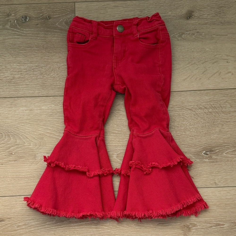 Tullabee Girls Red Ruffle Bell-Bottom Jeans